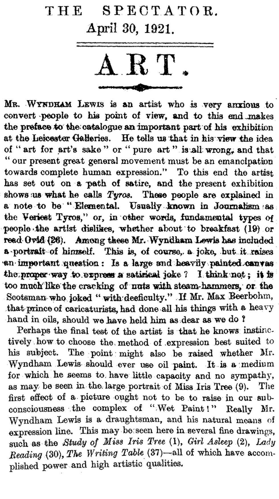 Wyndham Lewis Gets Panned (The Spectator, 1921)